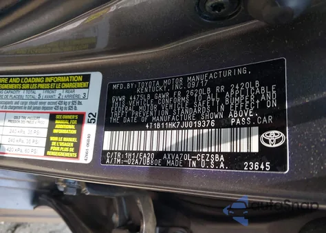 2018 Toyota Camry Se from USA, damaged, VIN 4T1B11HK7JU019376